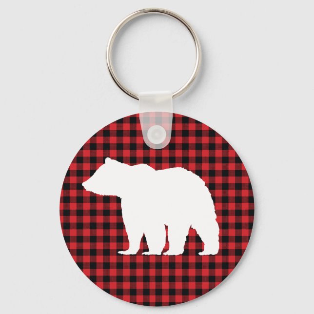 Bear Woodland Buffalo Check Button Keychain Nyckelring (Framsida)