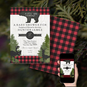 Bear Woodland Forest Buffalo Check Baby Shower 5x7 Inbjudningar