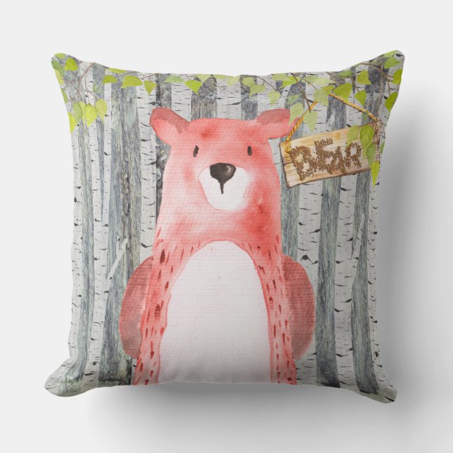 Bear-Woodland Friends - Vattenfärgillustration Kudde (Framsida)