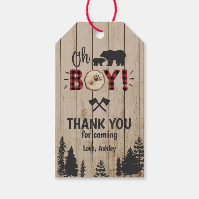 Bear Woodland Lumberjack Play Boy Shower Presentetikett (Framsidan)