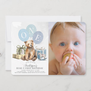 Bear-y 1:a födelsedag Bear Blue Balloon Boy Photo Inbjudningar