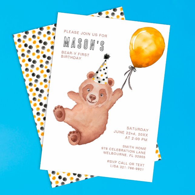 Bear-y Cute 1:a födelsedagsinbjudan - Brown Teddy Inbjudningar (Bear Themed Birthday Party Invite)