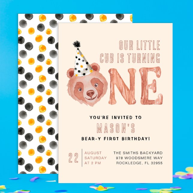 Bear-y Cute 1:a födelsedagsinbjudan - Nalle Inbjudningar (Little Bear "One" typography Invite )