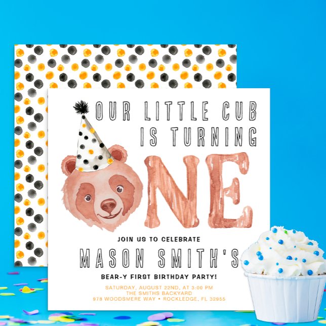 Bear-y Cute ’Party Animal’ 1:a födelsedagsinbjudan Inbjudningar (One Beary Cute Birthday Invite)