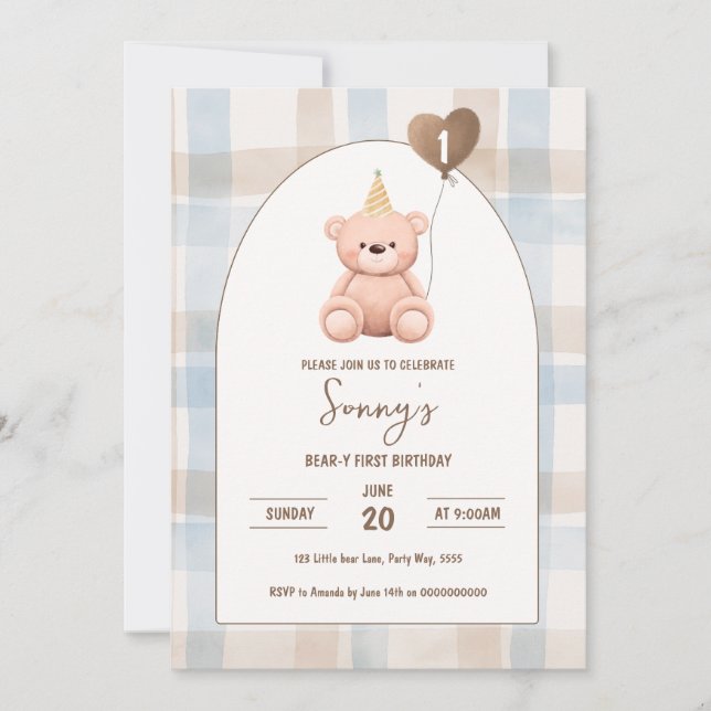 Bear-y First Birthday 1 Party Boho minimum Bear Inbjudningar (Framsida)