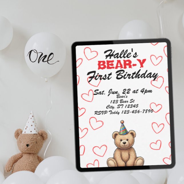BEAR-Y First Birthday, cute teddy bear birthday Inbjudningar (Skapare uppladdad)