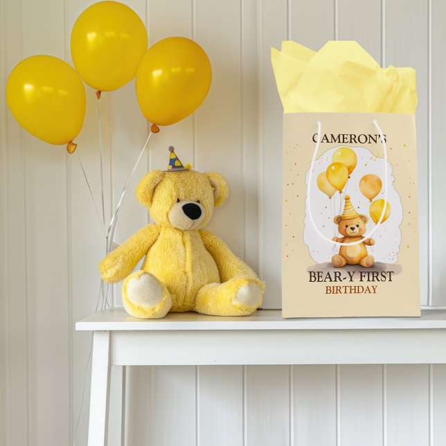 Bear-y First Birthday Kön Neutral Gult Bear (Skapare uppladdad)