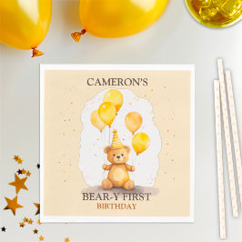 Bear-y First Birthday Kön Neutral Gult Bear Pappersservett