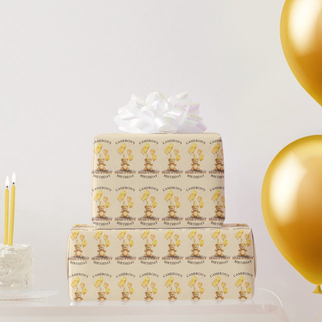 Bear-y First Birthday Kön Neutral Gult Bear Presentpapper (Skapare uppladdad)