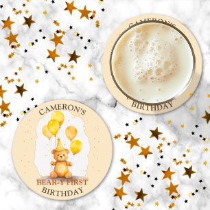 Bear-y First Birthday Kön Neutral Gult Bear Underlägg Papper Rund