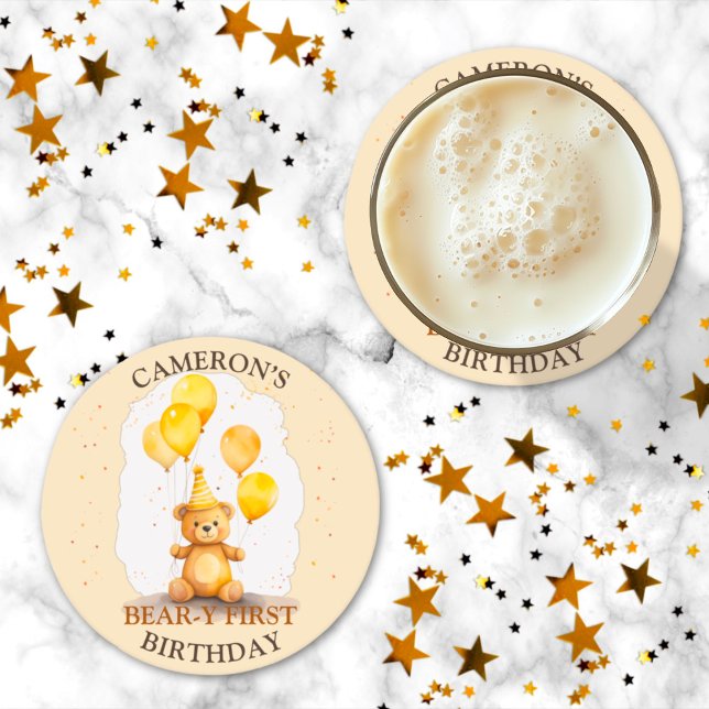 Bear-y First Birthday Kön Neutral Gult Bear Underlägg Papper Rund (Skapare uppladdad)