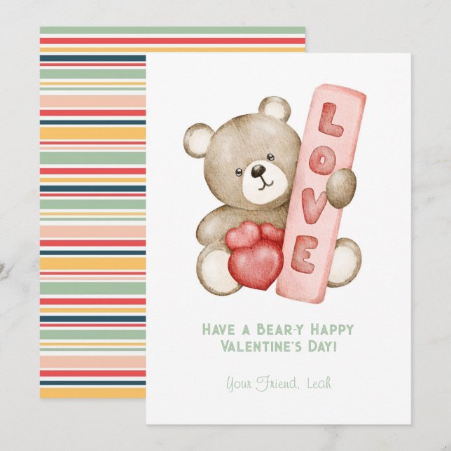 Bear-Y Glad Valentine Day Watercolor-Valentineser Julkort (Fram/baksida)