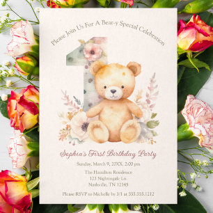Bear-y Speciell Vår Blommigt Första födelsedag Inbjudningar