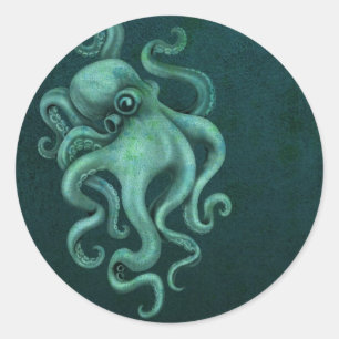 Bearbetad Vintage, oktopus Illustration - blå Runt Klistermärke