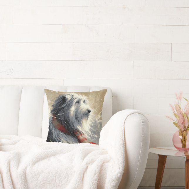 Beardad kollie med strimlad vinter-scarf kudde (Soffa)