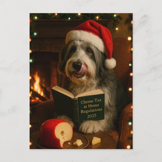 Bearded collie 'Cheese Tax' Christmas postcard Vykort (Framsida)
