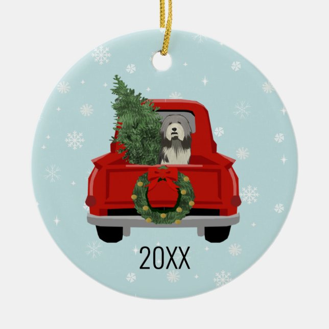Bearded Collie christmas red lastbil Julgransprydnad Keramik (Framsidan)