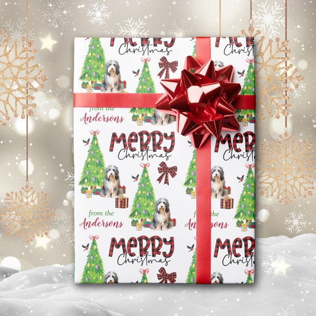 Bearded Collie Hund, Bird och Julgran Presentpapper (Skapare uppladdad)
