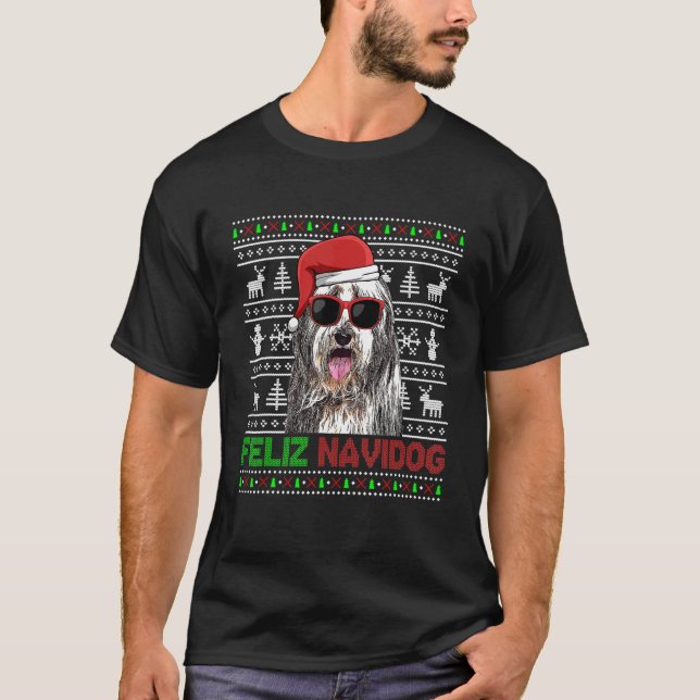 Bearded Collie Hund Feliz Navidog Jul T Shirt (Framsida)