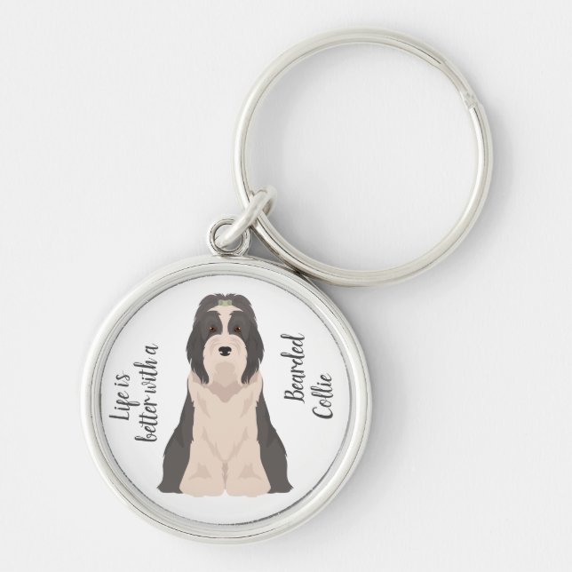 Bearded Collie hund Rund Silverfärgad Nyckelring (Framsidan)