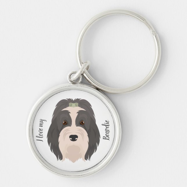 Bearded Collie hund Rund Silverfärgad Nyckelring (Framsidan)