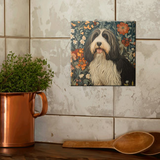 Bearded Collie in a William Morris Stil Garden Kakelplatta