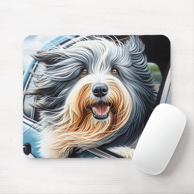 Bearded Collie in bil Window Musmatta (Med mus)