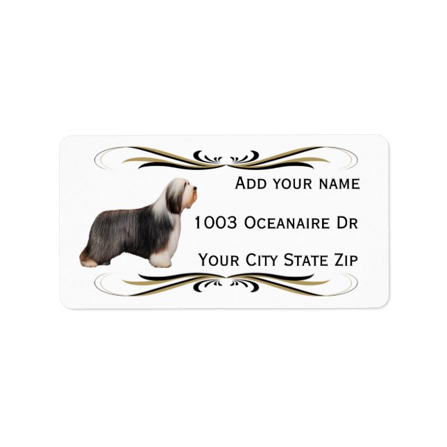 Bearded Collie med Black & Guld Swirl Adressetikett (Framsidan)