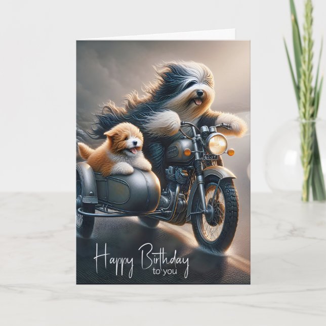 Bearded Collie på motorcykel vid födelsedag Kort (Framsida)