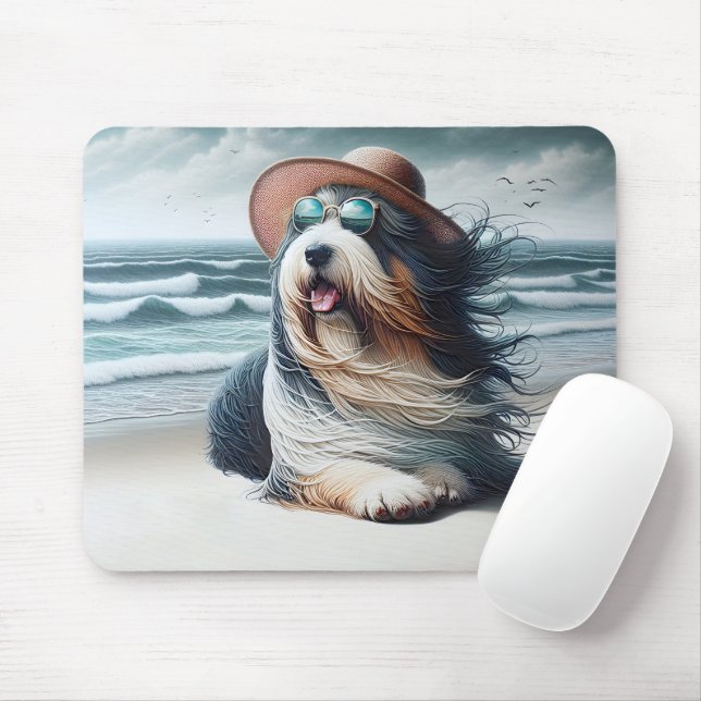 Bearded Collie på stranden Musmatta (Med mus)