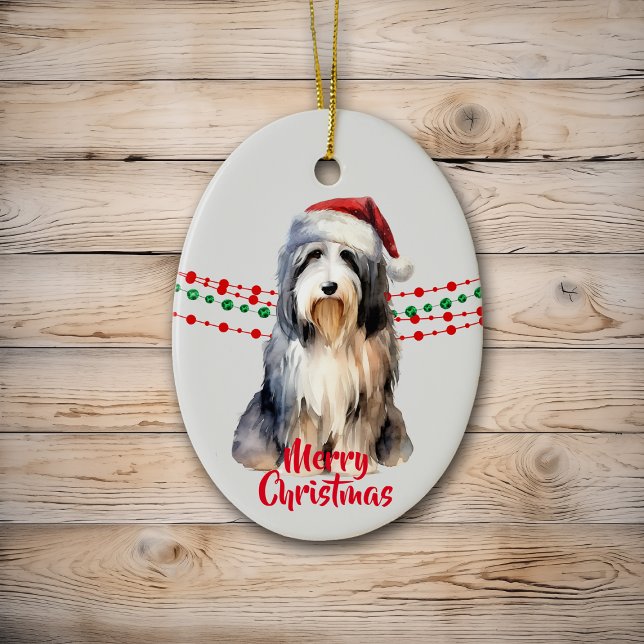 Bearded Collie Santa Hat Helgdag Pärlor Julgransprydnad Keramik (Skapare uppladdad)