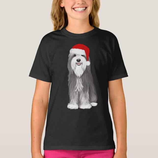 Bearded Collie Santa Hund Helgdag T Shirt (Framsida)