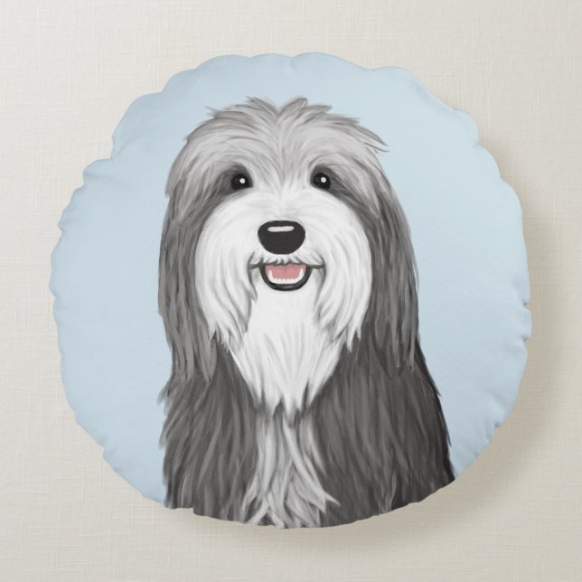 Bearded Collie Tecknad hund Rund Kudde (Framsidan)