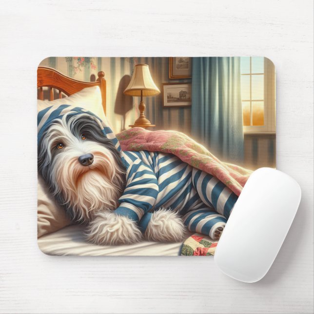 Bearded Collie Wearing Stripe Pajamas Musmatta (Med mus)
