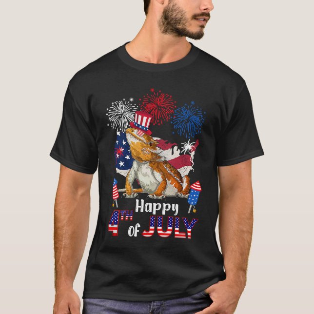Bearded Dragon American Flag Fireworks Happy 4th o T Shirt (Framsida)