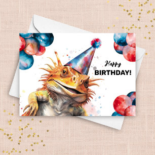 Bearded Dragon Balloons and Party Hat Birthday Kort