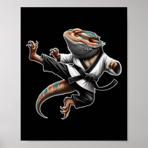 Bearded Dragon Flies Kick Pose Karate Samurai Nin Poster