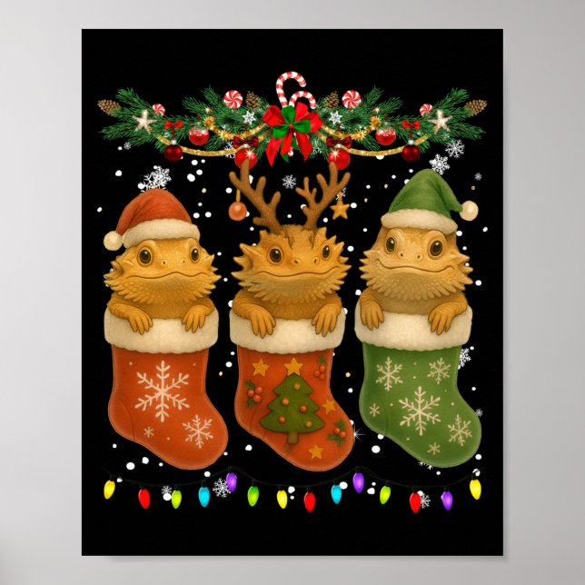 Bearded Dragon In Christmas Socks Lights Bearded D Poster (Framsidan)