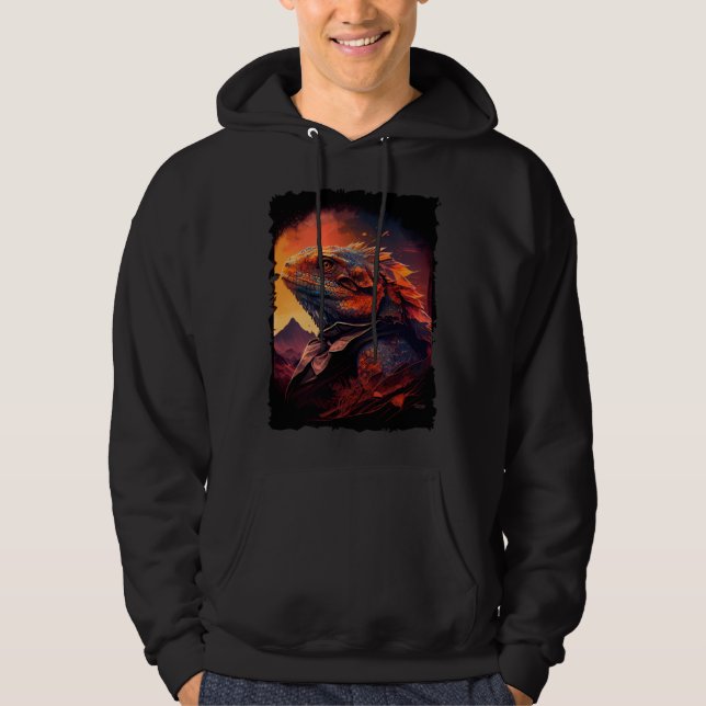 Bearded Dragon mountains sunset lizard retro 70s v Hoodie (Framsida)