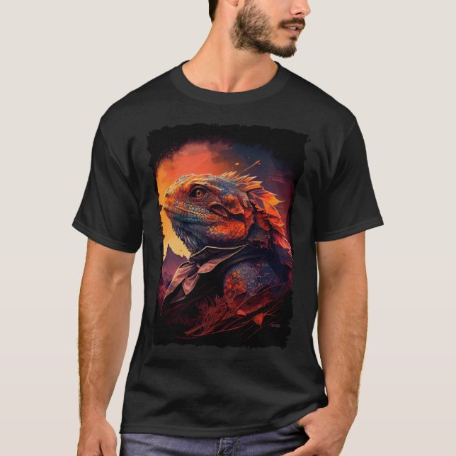 Bearded Dragon mountains sunset lizard retro 70s v T Shirt (Framsida)