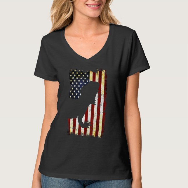 Bearded Dragon Silhouette American Flagga 4:e Jul T Shirt (Framsida)