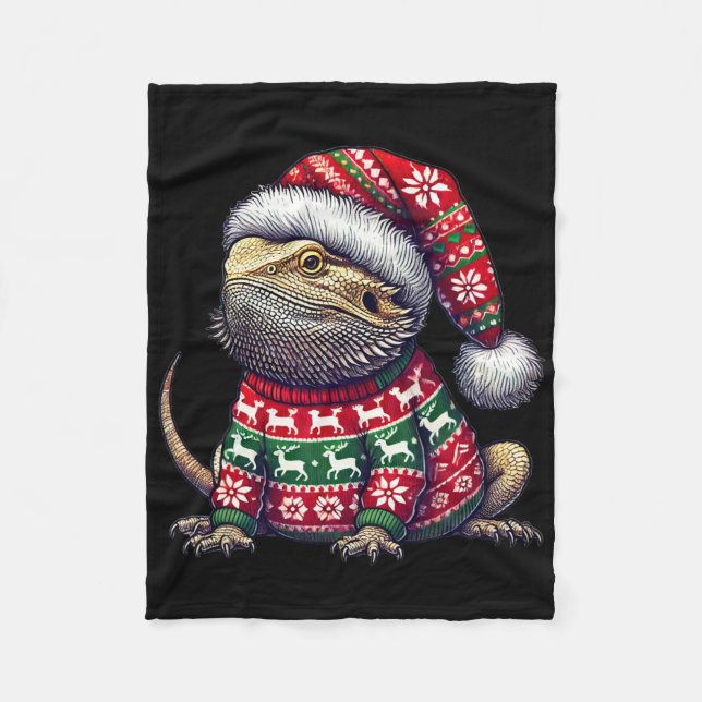 Bearded Dragon Ugly Sweater Santa Hat-julen Fleecefilt (Framsidan)