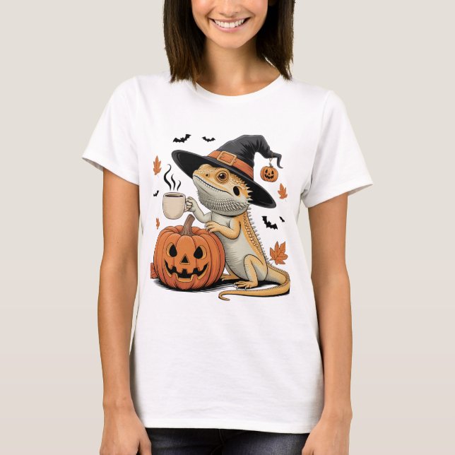 Bearded Dragon Witch Halloween Art T Shirt (Framsida)