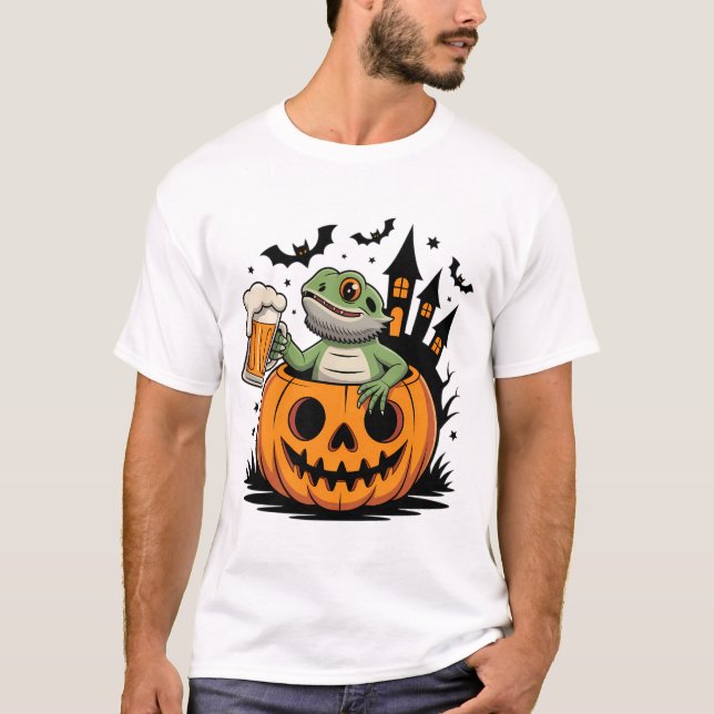 Bearded Lizard i Pumpkin med Beer T Shirt (Framsida)