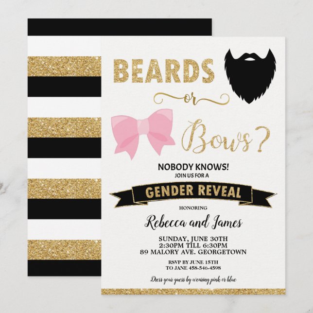 Beards eller Bows Gender Reveal Baby Shower Guld Inbjudningar (Fram/baksida)