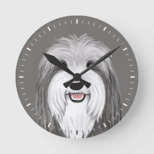 Beared Collie Cute Teckning Rund Klocka