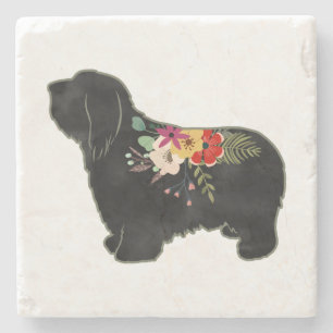 Beared Collie Hund aveln Boho Blommigt Silhouette  Stenunderlägg