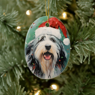 Beared Collie Julpenselmålning Julgransprydnad Keramik