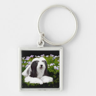 Beared Collie Painting - Cute Original Hund Art Fyrkantig Silverfärgad Nyckelring