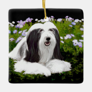 Beared Collie Painting - Cute Original Hund Art Julgransprydnad Keramik